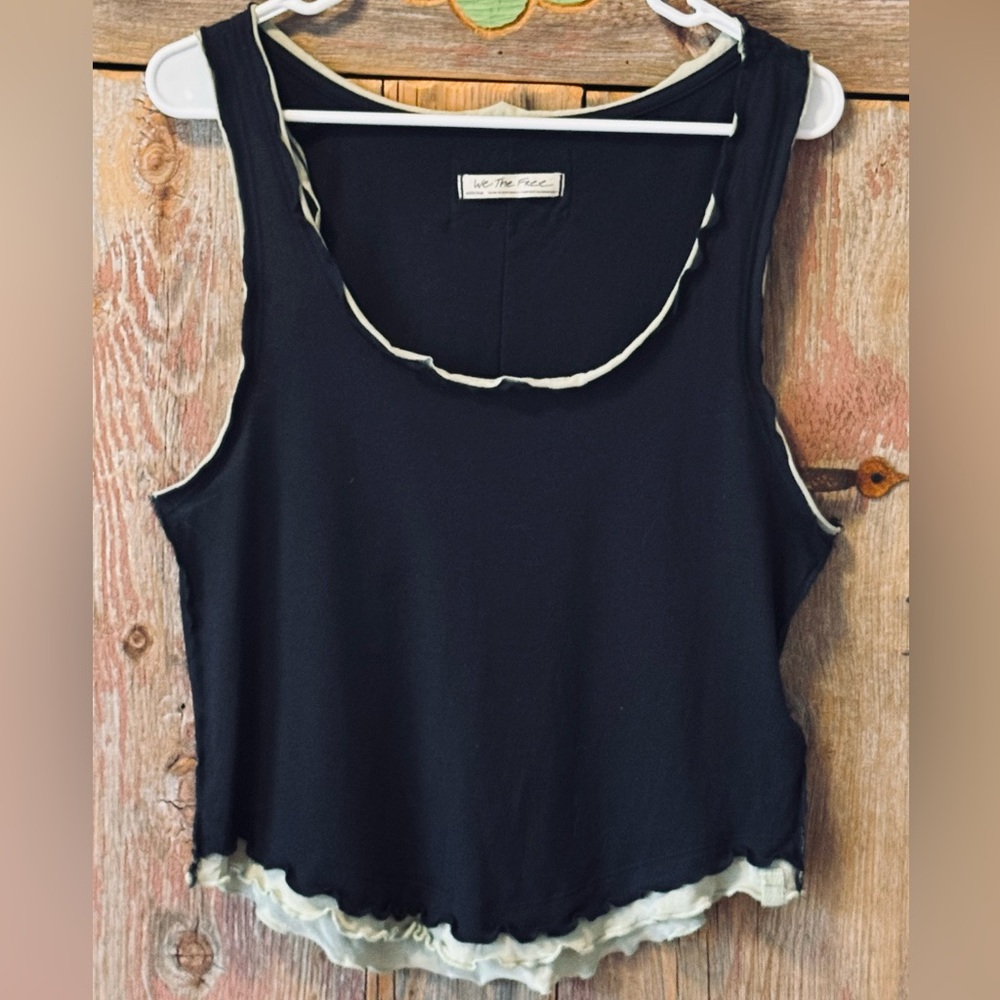 We The Free Black Tank with Sage Green Layered Ruffled Trim medium